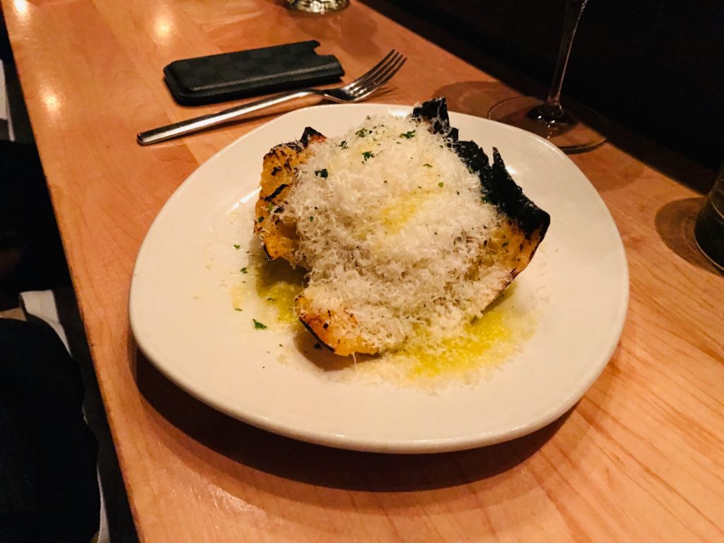 Coal-Roasted Spaghetti Squash, Toasted Garlic, Lemon, Aged Goat Cheese