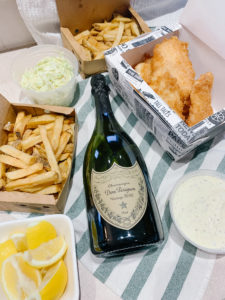 Fish and Chips and Champagne dom perignon